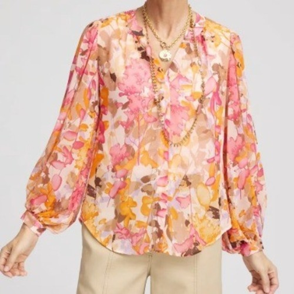 Chicos Split Neck Blouse Abstract Floral Watercolor Top Pink Orange Size 2 US 12